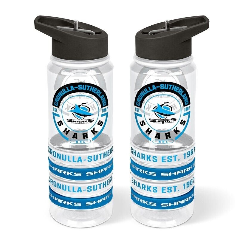 NRL Clear Tritan Drink Bottle 650ml - Cronulla Sharks - 4 Wrist Bands