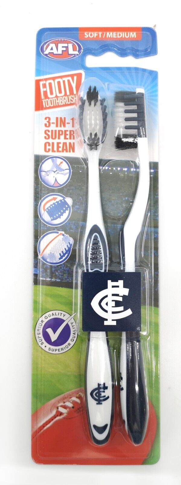 AFL Adult Toothbrush Twin Pack - Carlton Blues - Set of Two - Soft/Medium