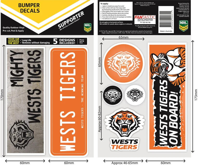 NRL Bumper Decal Sheet Set - West Tigers - Team Logo Sticker - 170mm