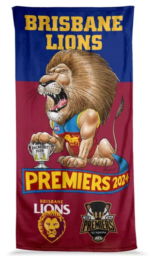 AFL 2024 PREMIERS CARICATURE BEACH TOWEL - BRISBANE LIONS - ETA DEC 2024 - PH2