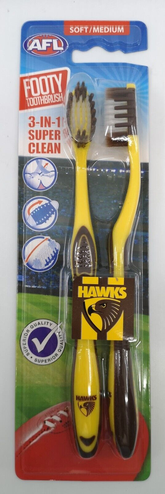 AFL Adult Toothbrush Twin Pack - Hawthorn Hawks - Set of Two - Soft/Medium