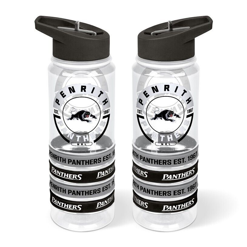 NRL Clear Tritan Drink Bottle 650ml - Penrith Panthers - 4 Wrist Bands