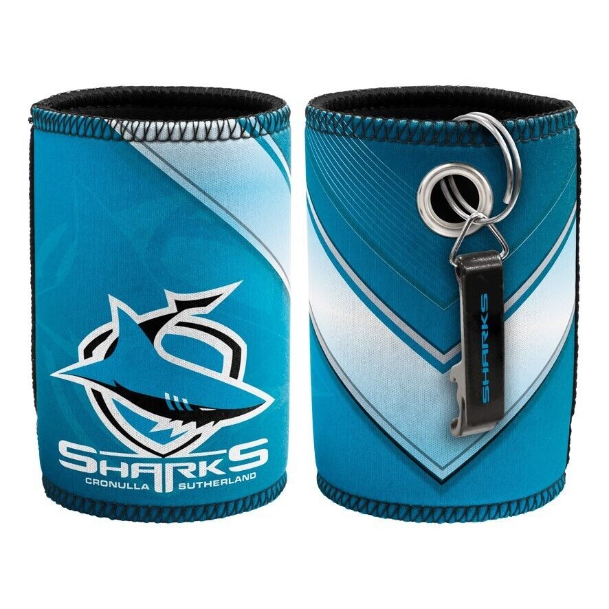 NRL Stubby Can Cooler with Bottle Opener - Cronulla Sharks - Rubber Base