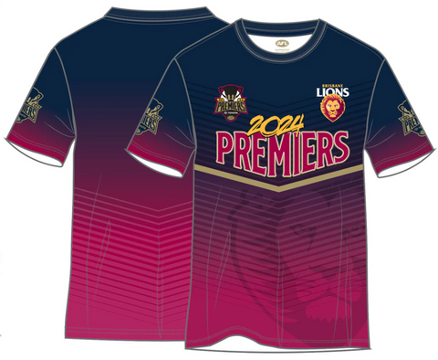 AFL 2024 PREMIERS SUBLIMATED TEE SHIRT - BRISBANE LIONS - MENS ETA DEC 2024 NAR