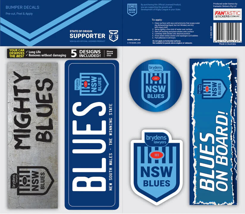 NRL Bumper Decal Sheet Set - NSW Blues - Team Logo Sticker - 170mm