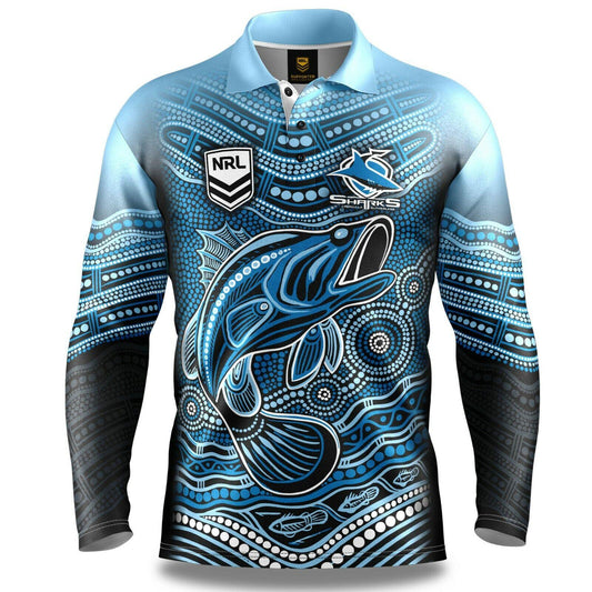 NRL Long Sleeve Indigenous Fishing Polo Tee Shirt - Cronulla Sharks - Adult