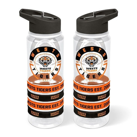 NRL Clear Tritan Drink Bottle 650ml - West Tigers - 4 Wrist Bands