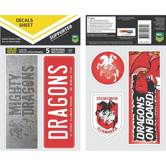 NRL Bumper Decal Sheet Set - Illawarra Dragons - Team Logo Sticker - 170mm