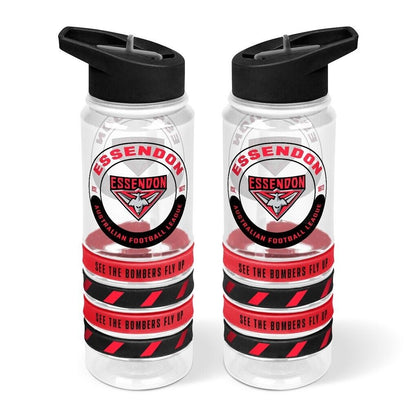 AFL Clear Tritan Drink Bottle 650ml - Essendon Bombers - 4 Wrist Bands