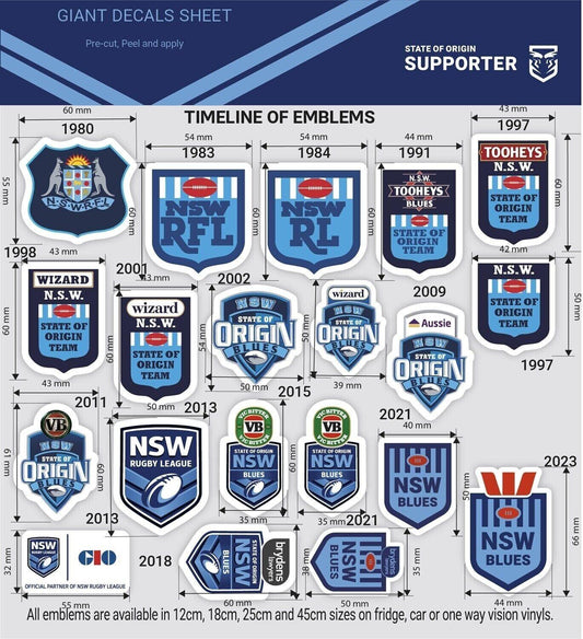 NRL Giant Decal Sheet - New South Wales Blues - Timeline Of Club Logos