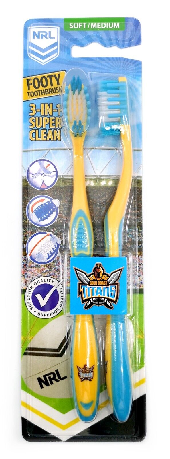 NRL Adult Toothbrush Twin Pack - Gold Coast Titans - Set of Two - Soft/Medium