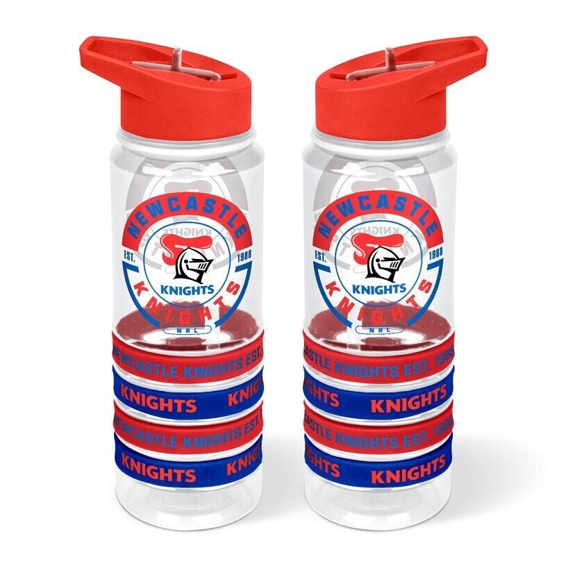 NRL Clear Tritan Drink Bottle 650ml - Newcastle Knights - 4 Wrist Bands