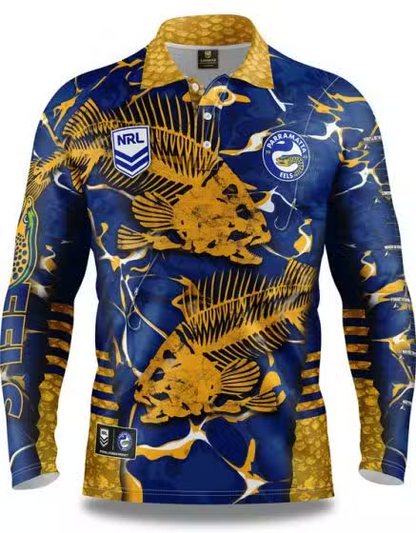 NRL 2021 Long Sleeve Skeletor Fishing Polo Tee Shirt - Parramatta Eels