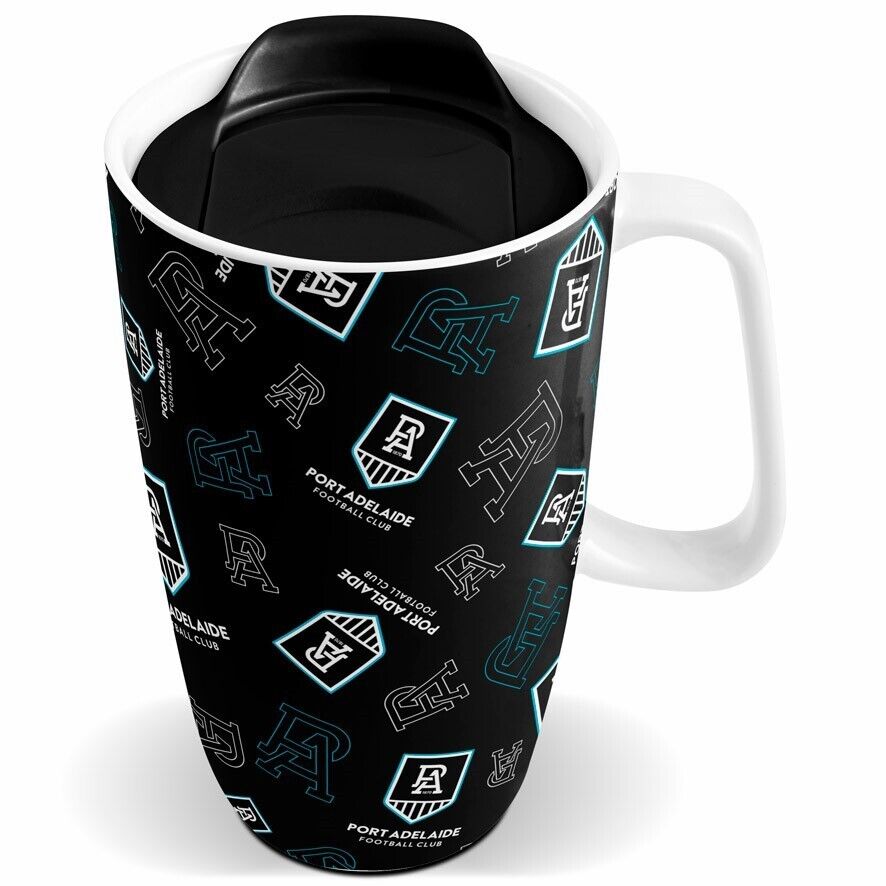 AFL Ceramic Travel Coffee Mug - Port Adelaide Power - Drink Cup With Lid