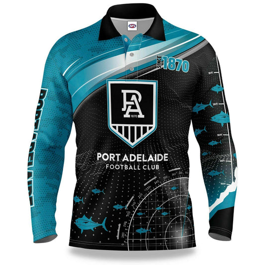 AFL Long Sleeve Fishfinder Fishing Polo Tee Shirt - Port Adelaide Power - Adult