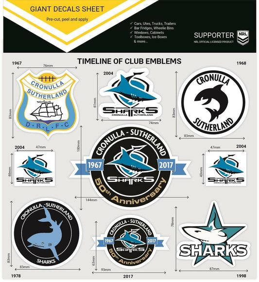 NRL Giant Decal Sheet - Cronulla Sharks - Timeline Of Club Logos - Stickers