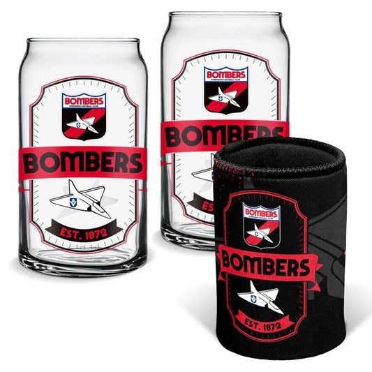 AFL Can Glass Set - Essendon Bombers - Set of 2 Glass & Cooler