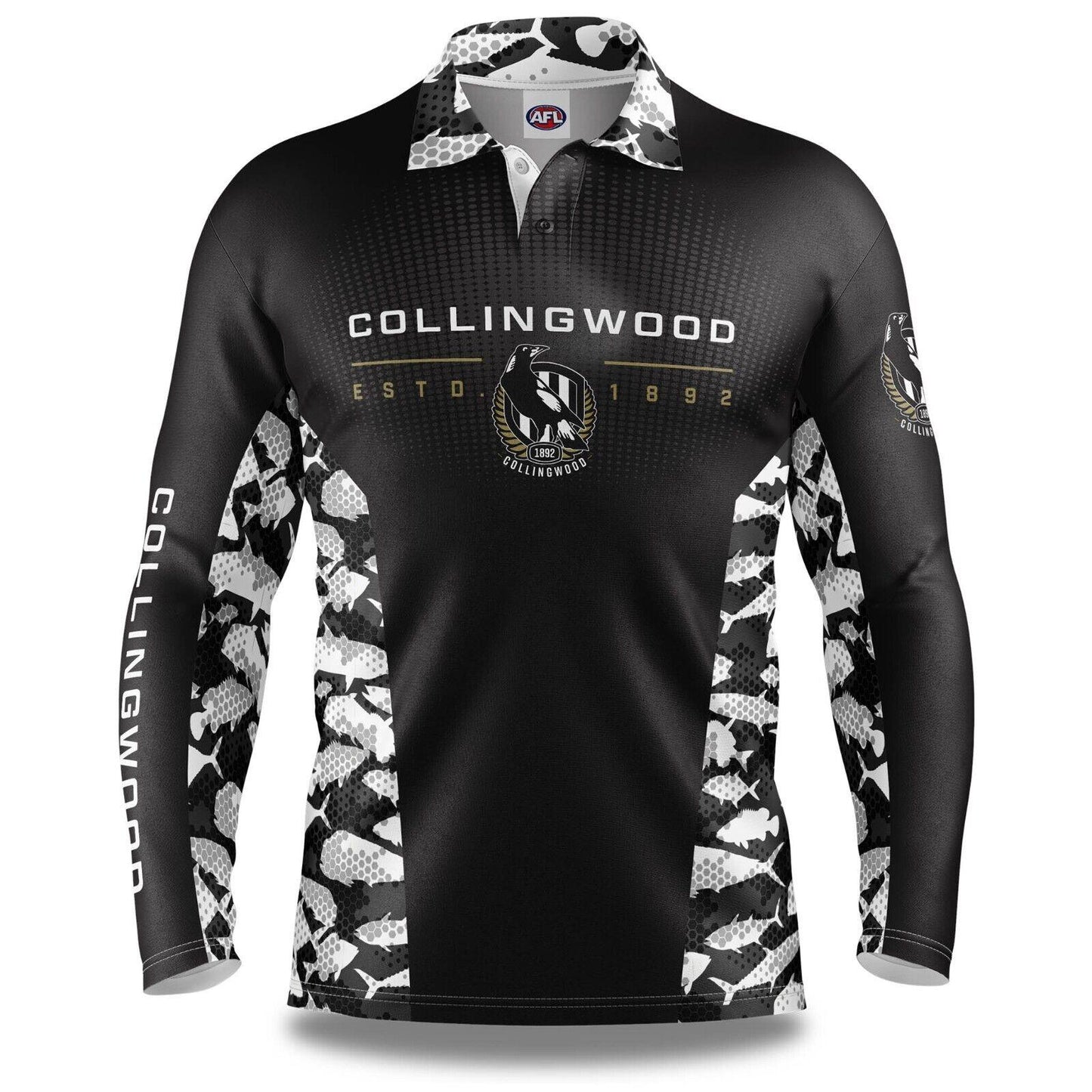 AFL Long Sleeve Reef Runner Fishing Polo Tee Shirt - Collingwood Magpies - Adult